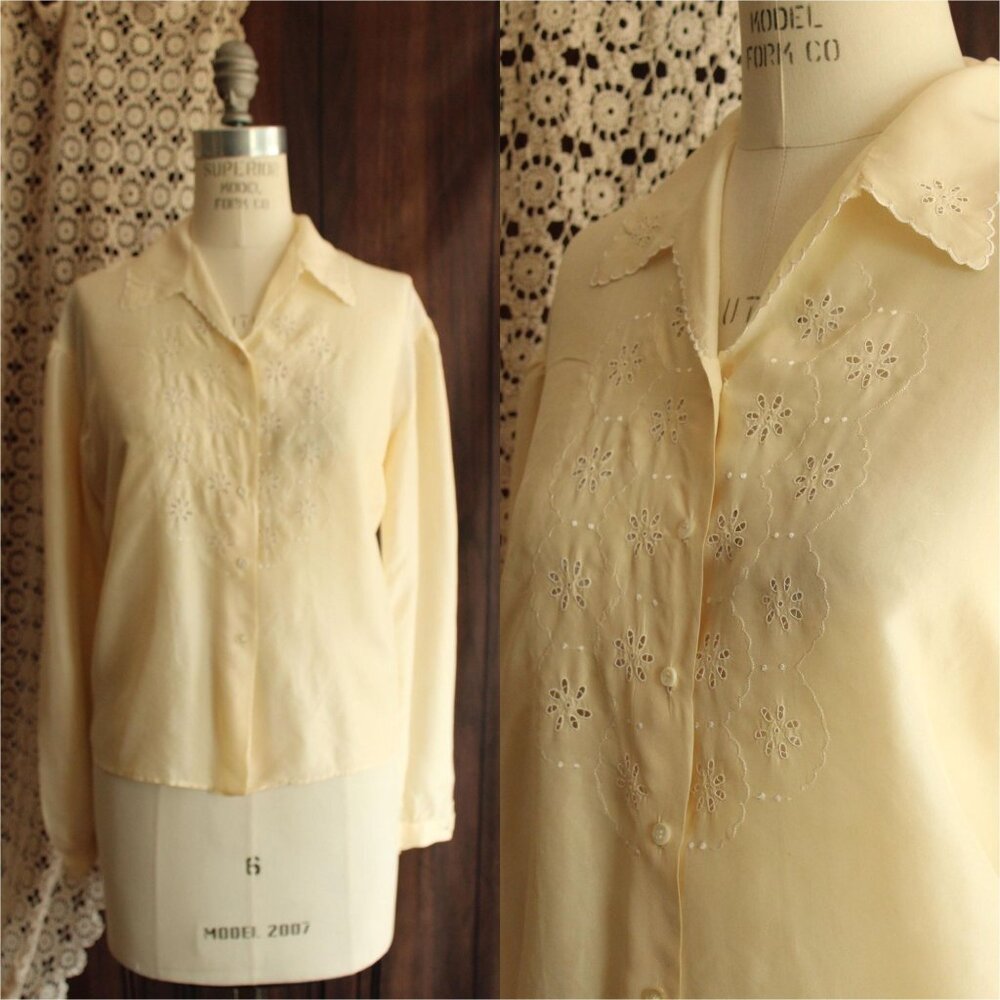 Vintage 1930s 1940s Blouse, Volup Yellow Silk with White Eyelet Embroidery